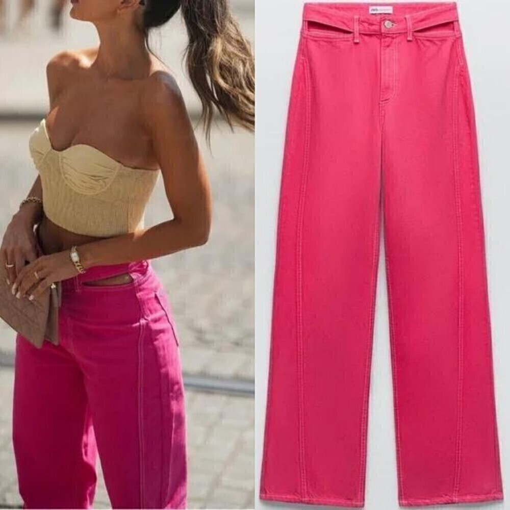 Zara Women Size 8 Pink High Rise Wide Leg Cut Out Cotton Denim NEW Jean Festival